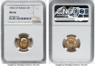 ロシア 5ルーブル金貨 1904年 NGC MS66 1902年 ロシア皇帝ニコライ2世 5