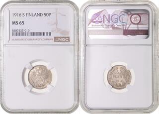 1916年 フィンランド 50ペン二銀貨　 NGC MS65 高鑑定 CoinArchives.com Search Results : pennia