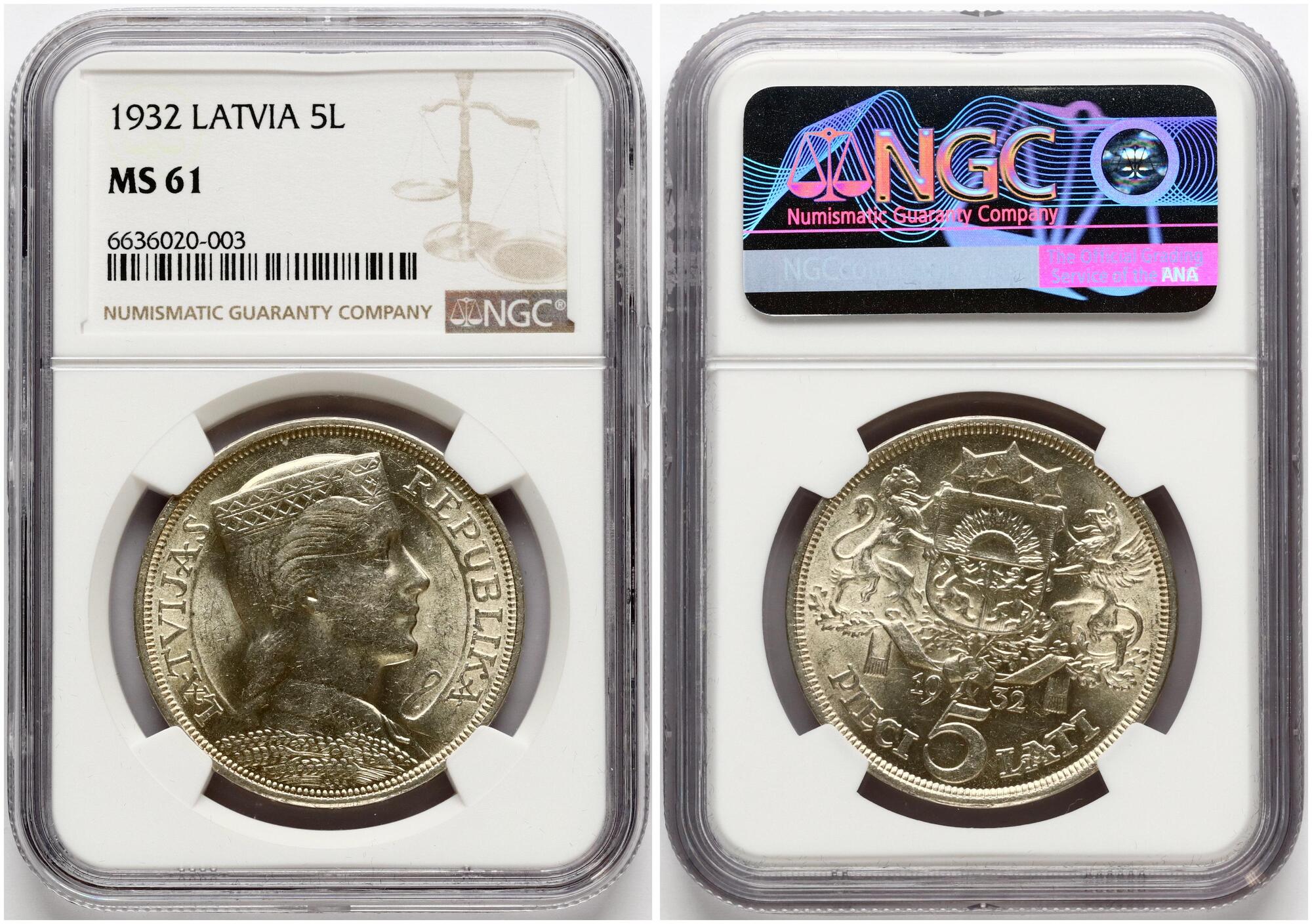 1929–1932 Latvia 5 Lati Milda Woman Head Silver F–VF