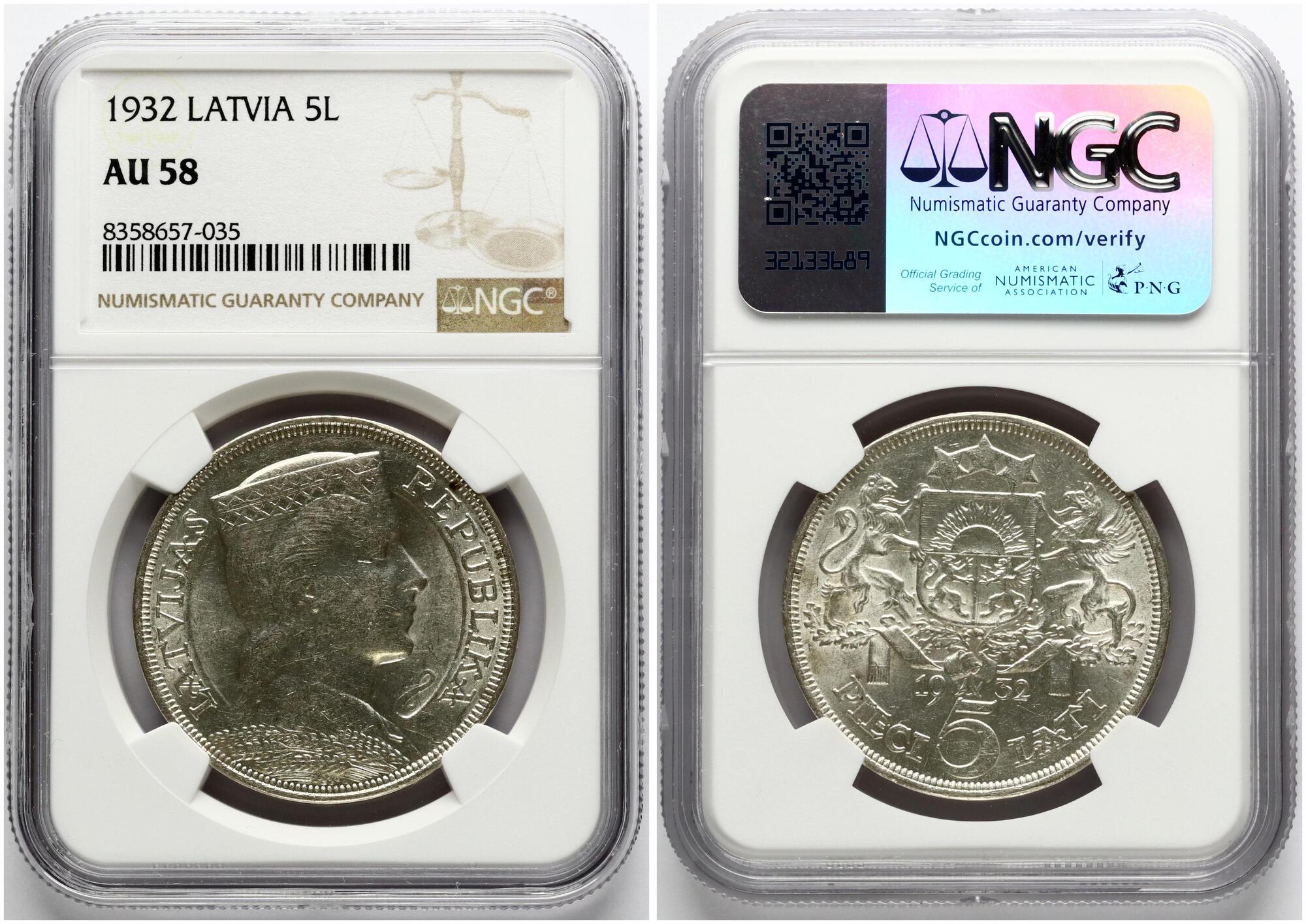 ラトビア　5Lati NGC AU55 銀貨 CoinArchives.com Search Results : 5 lati 1932